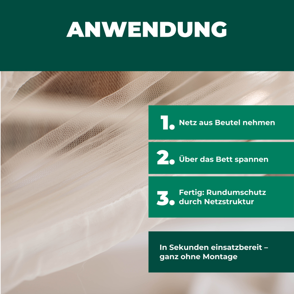 Anleitung zur Anwendung eines Moskitonetzes für Betten, das in Sekunden einsatzbereit und ohne Montage ist.