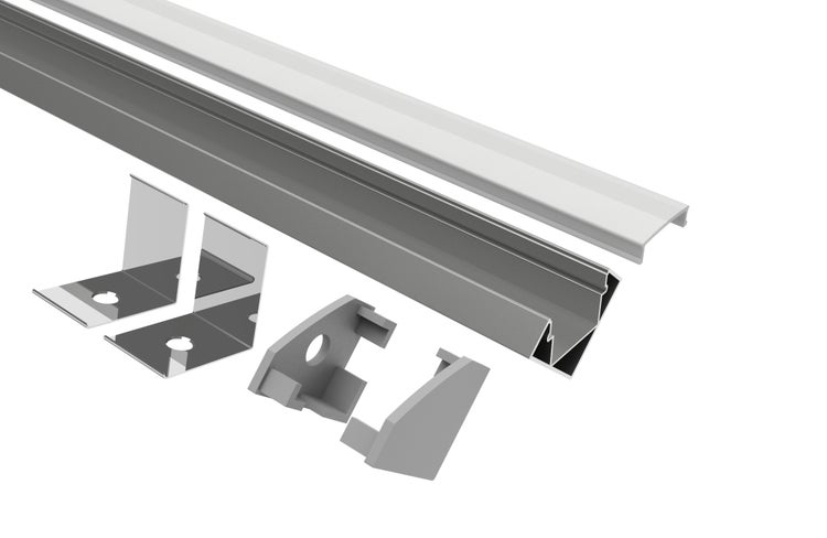 TIVENDIS Led Alu Profil 2 m E45 Komplett Set für Strip / Streifen bis 12 mm breit | Abdeckung satiniert milchig, Endkappen, Befestigungclips | L-Form Winkel Ecke Winkelprofil Eckprofil eloxiert