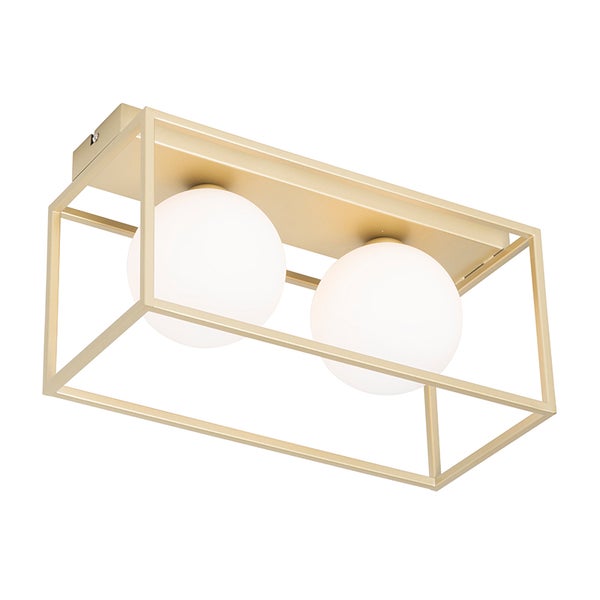 Deckenleuchte mit zwei weißen Glaskugeln in einem rechteckigen goldfarbenen Metallrahmen.