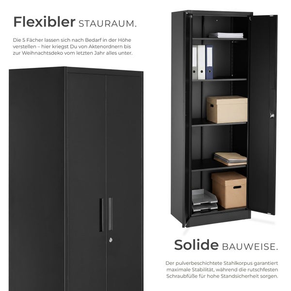 Schwarzer, pulverbeschichteter Stahlschrank mit zwei Türen und fünf höhenverstellbaren Fächern für Ordner und Bürobedarf.