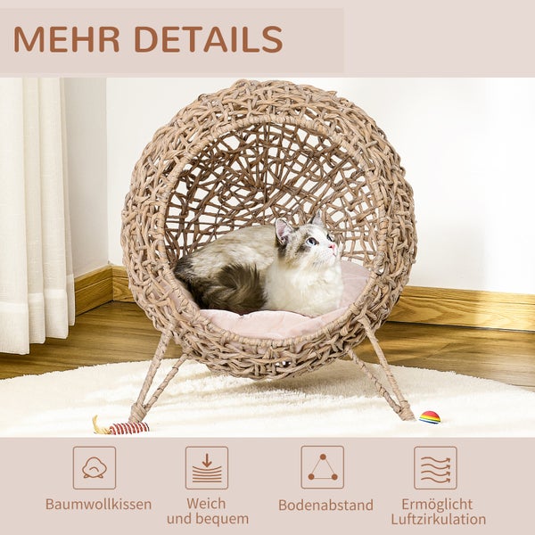 PawHut Katzenhaus aus Rattan, Ø52 x 58 cm, PE-Rattan, Natur
