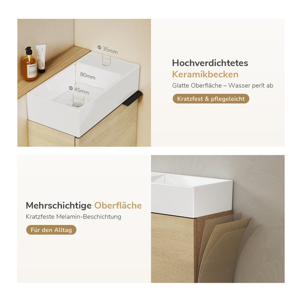 Produktinfografik zeigt ein hochverdichtetes Keramikbecken mit Bemaßung sowie einen Waschtischunterschrank mit kratzfester Melamin Beschichtung.