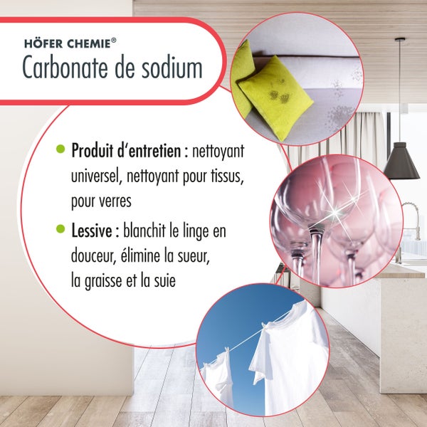 Höfer Chemie Logo. Natriumcarbonat als universelles Reinigungs- und Waschmittel für Textilien und Gläser. Es hellt die Wäsche sanft auf und entfernt Schweiß, Fett und Ruß.