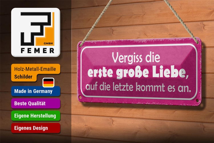 Blechschild Spruch 27x10cm vergiss die erste große Liebe Dekoration