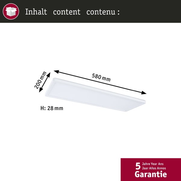 Rechteckiges LED-Panel mit den Maßen 580 Millimeter Länge, 200 Millimeter Breite und 28 Millimeter Höhe sowie 5 Jahre Garantie.