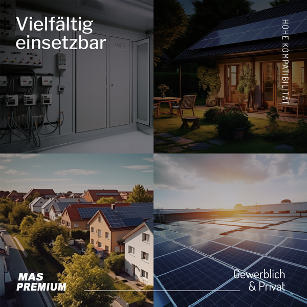 MAS Premium Logo. Collage von Photovoltaik-Anwendungen: Elektroinstallationen, Wohnhäuser mit Solaranlagen und gewerbliche Dachsysteme.