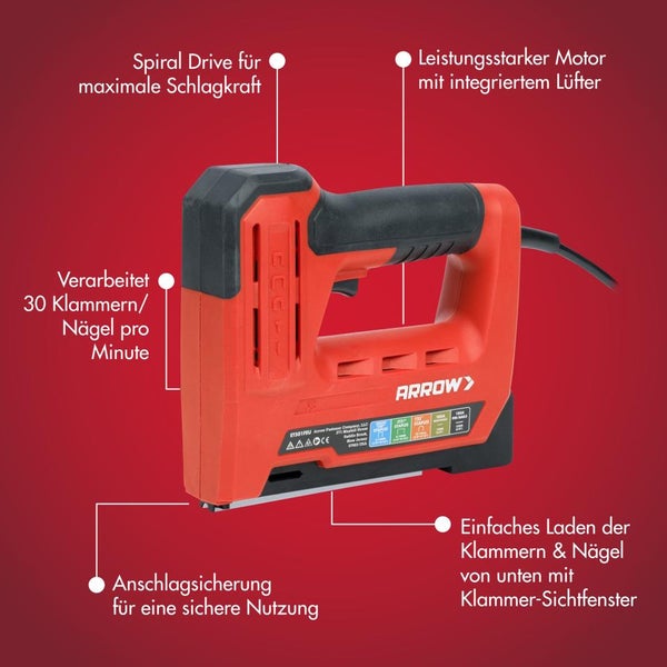 Arrow Elektrischer Tacker und Nagler für 30 Klammern oder Nägel pro Minute mit Spiralantrieb, Sicherheitssperre und Sichtfenster.