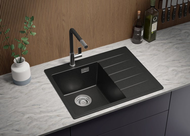 PRIMAGRAN Spülbecken Alles Schwarz 62x53cm, Granitspüle 1 Becken + Ablauf-Set + Küchenzubehörset, Küchenspüle ab 45er Unterschrank - Sydney Pocket