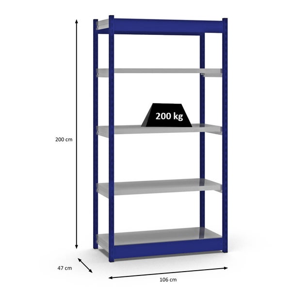 PROREGAL Fachbodenregal Stecksystem Vierkant-Profil Grundregal HxBxT 200 x 102,5 x 40 cm 5 Ebenen Einseitige Bauart Fachlast 200 kg Enzianblau