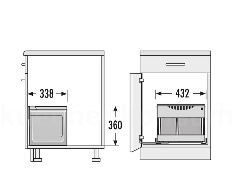 Technische Zeichnung Abfalltrennsystem im Küchenschrank mit Maßen 338, 360 und 432 Millimeter.