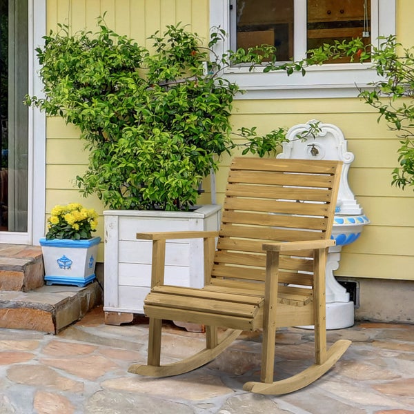 Outsunny Schaukelstuhl Schwingsessel mit Armlehne Relaxstuhl Gartenstuhl für Terrasse, Balkon, Belastbarkeit bis 130 kg, 64 x 86 x 85 cm, Tannenholz, Hellbraun