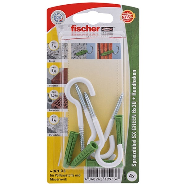 Fischer Spreizdübel SX GREEN 6x30 mit Rundhaken, Viererpackung