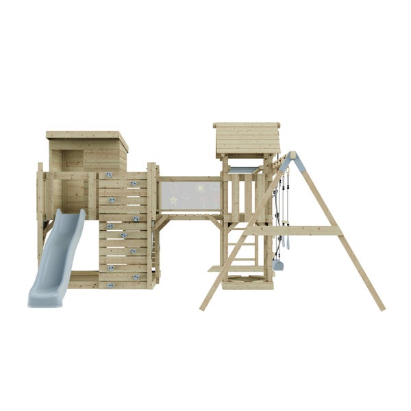 Spielturm aus Holz mit Rutsche, Kletterwand und Schaukel