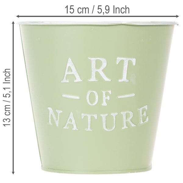 Grüner Metallpflanztopf mit Aufschrift Art of Nature, Durchmesser 15 Zentimeter, Höhe 13 Zentimeter.