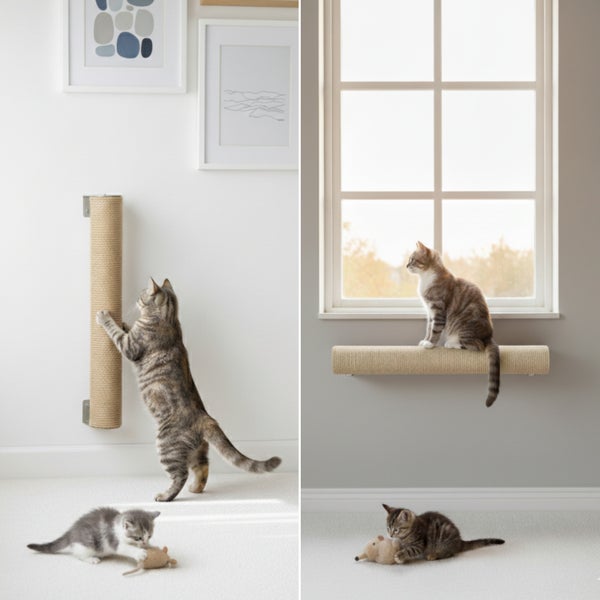 Wandkratzbaum und Wandliegeplatz aus Sisal zur Wandmontage, ideal als Kletterhilfe und Ruheplatz für Katzen im Wohnbereich.