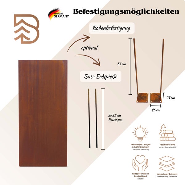 Infografik zeigt Befestigungsmöglichkeiten für Metallstele mit optionalem Set aus zwei Erdspießen zur Bodenbefestigung und Angaben zu Abmessungen.