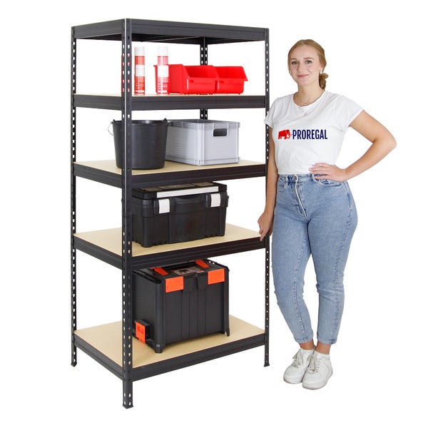 PROREGAL Schwerlastregal Rivet HxBxT 180 x 90 x 60 cm Fachlast 250 kg Innovatives Stecksystem Schwarz