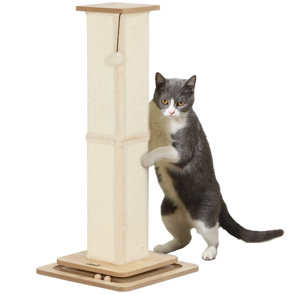 PawHut 3-in-1 Kratzstamm, 87cm Kratzsäule, Sisal-Katzenkratzbaum mit Spielball, Kratzbaum für Katzen, Katzen Kratzmöbel, Indoor, Eiche