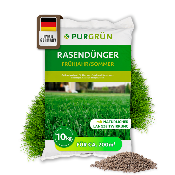PURGRÜN Rasendünger Frühjahr Sommer mit 10 Kilogramm Inhalt für 200 Quadratmeter Rasenfläche mit natürlicher Langzeitwirkung Made in Germany.