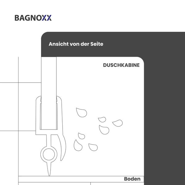 Bagnoxx Logo. Technische Zeichnung einer Duschkabinen-Dichtung in der Seitenansicht zwischen Glas und Boden.