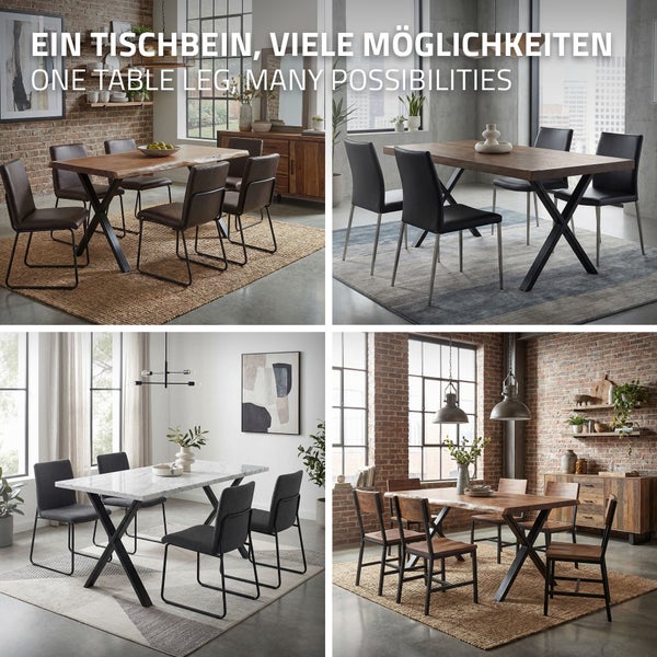 Vier verschiedene Esszimmer mit schwarzen X-förmigen Metalltischbeinen unter unterschiedlichen Tischplatten kombiniert mit passenden Essstühlen.
