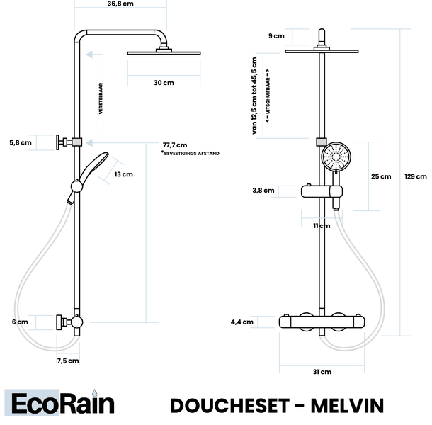 EcoRain 30% Wassersparender Regendusch-Duschset Melvin 30 CM mit Thermostatarmatur - Handbrause 13 CM - Hoher Druck - Universell - Anti-Kalk Duschkopf - Chrom