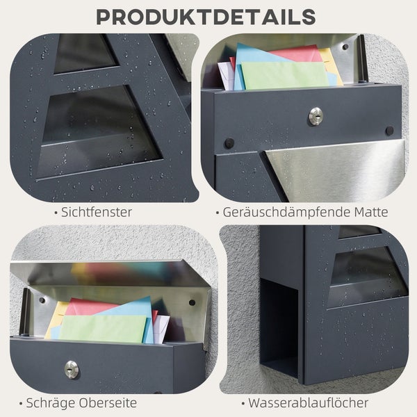 Produktdetails eines anthrazitfarbenen Briefkastens mit Sichtfenster, geräuschdämpfender Matte, schräger Oberseite und Wasserablauflöchern.