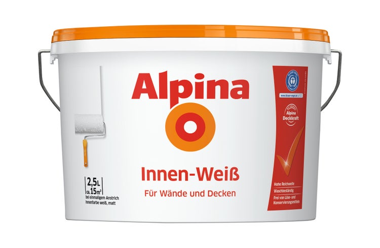 Alpina Innen-Weiß Wandfarbe und Deckenfarbe matt, 2,5 Liter, Reichweite circa 15 Quadratmeter, Blauer Engel zertifiziert.