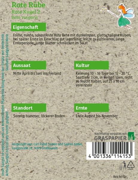 Rückseite einer Samentüte für Rote Rübe Rote Kugel 2 mit Anbauhinweisen, Standard-Saatgut EU-Norm, verpackt in nachhaltigem Graspapier.