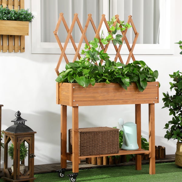 Outsunny Hochbeet mit Rankgitter, Blumenkasten mit Ablage, Pflanzkübel mit Rollen, Pflanzkasten für Terrasse, Balkon, Massivholz, Braun, 79 x 29 x 130 cm