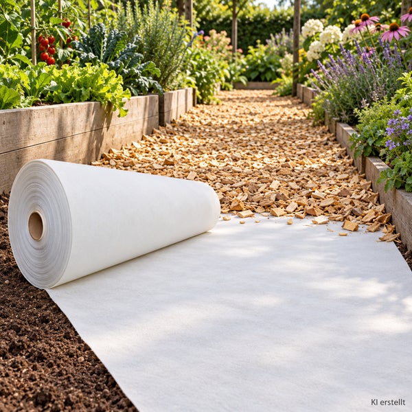 Eine Rolle Unkrautvlies liegt in einem Garten auf dem Boden bereit zur Auslegung für einen Weg zwischen Hochbeeten.