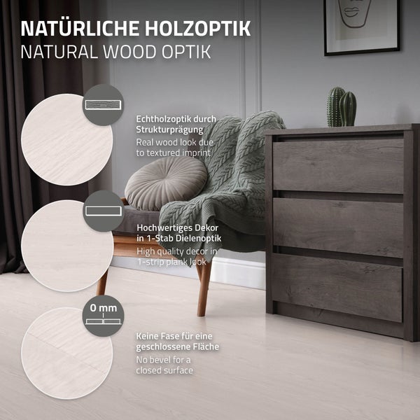 ML-Design Deluxe PVC Bodenbelag, Selbstklebende Vinyl-Dielen, Vinylboden, 91,5 cm x 15,3 cm x 2 mm, Dicke 2 mm, 4,46m²/32 Dielen, Weiß Eiche, Holzoptik, rutschfest, wasserfest, Einfache Verlegung