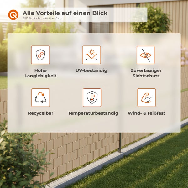 Vorteile von PVC Sichtschutzstreifen: hohe Langlebigkeit, UV-beständig, Sichtschutz, recycelbar, temperaturbeständig, windfest und reißfest.