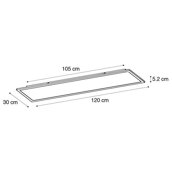 Abbildung einer LED-Deckenleuchte mit den Maßen 120 cm Länge, 30 cm Breite und 5,2 cm Höhe.