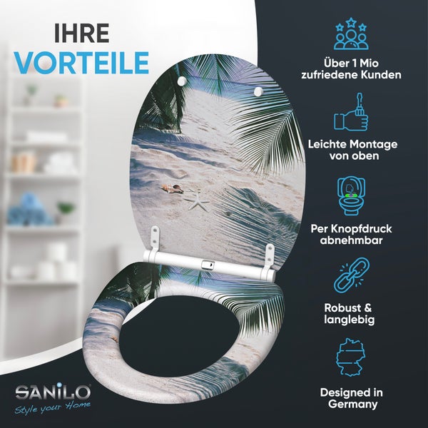 Sanilo Toilettensitz mit Strandmotiv, Montage von oben, per Knopfdruck abnehmbar, robust, langlebig, Design aus Deutschland. Sanilo Logo.