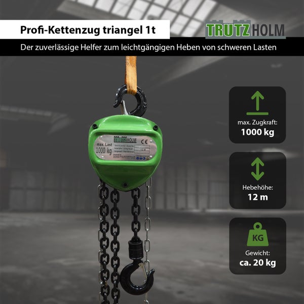 Trutzholm Profi Kettenzug mit 1000 Kilogramm Zugkraft und 12 Meter Hebehöhe für schwere Lasten.