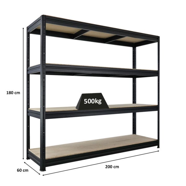 Metallregal mit vier Ebenen und einer Tragfähigkeit von 500 Kilogramm, Abmessungen 180 cm x 200 cm x 60 cm.