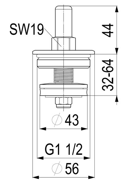 Maße Ablaufgarnitur: Schlüsselweite 19, Höhe 44 Millimeter, Bereich 32 bis 64 Millimeter, Gewinde G 1 1/2 Zoll, Durchmesser 56 Millimeter.