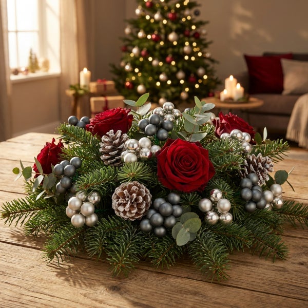 Weihnachtliches Tischgesteck mit Tannen, Rosen, Zapfen und glänzenden Beeren auf Holztisch vor geschmücktem Weihnachtsbaum in gemütlichem Wohnzimmer.