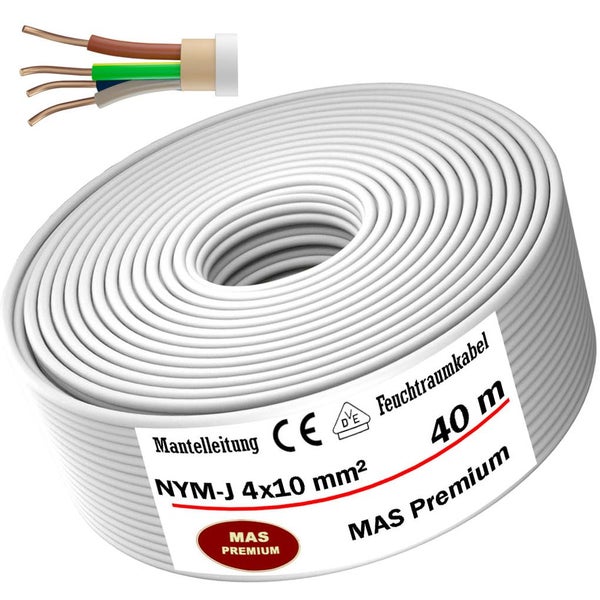 Mantelleitung NYM-J 4 x 10 Quadratmillimeter Feuchtraumkabel 40 Meter MAS Premium mit Detailansicht der vier Kupferadern.