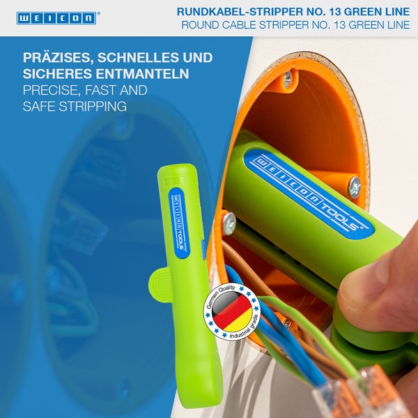 Weicon Logo. Weicon Rundkabel-Abisolierer Nummer 13 Green Line mit Qualitätssiegel zum präzisen, schnellen und sicheren Abmanteln von Kabeln