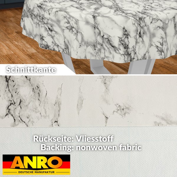 Rundes Wachstuch mit Marmor-Optik, Detailansicht der Schnittkante und der Vlies-Rückseite. ANRO Logo.
