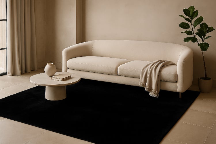 Modernes Wohnzimmer mit geschwungenem Sofa, dunklem Teppich, rundem Couchtisch und einer Zimmerpflanze für ein minimalistisches Wohnambiente.