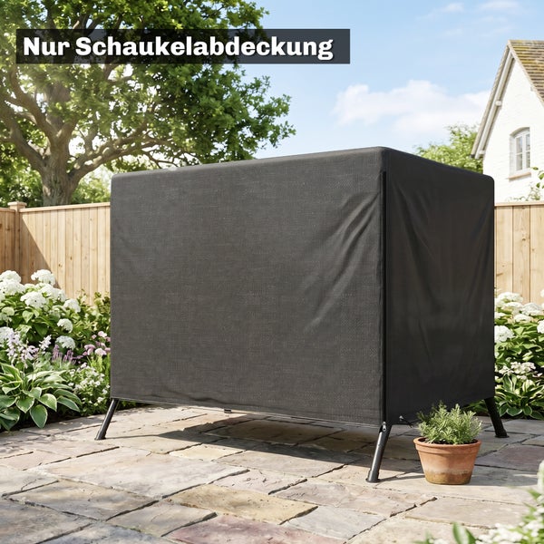 Wetterfeste Abdeckhaube für Hollywoodschaukel, Schutzhülle aus strapazierfähigem Material zur Überwinterung im Garten auf einer Terrasse stehend.