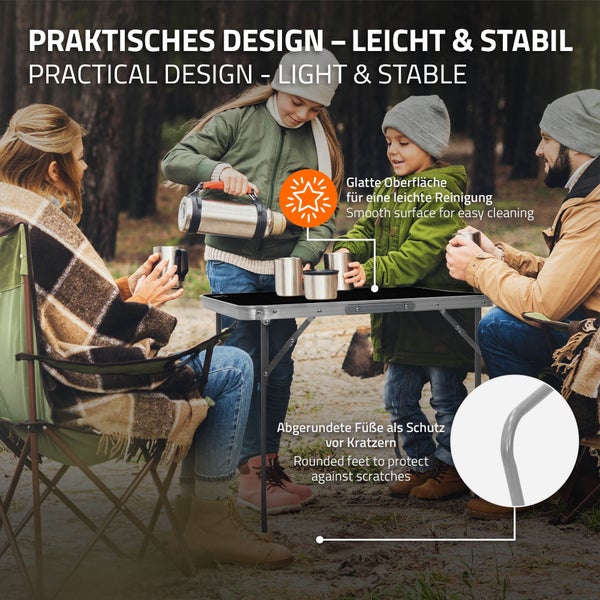 ECD Germany Alu Campingtisch Klapptisch 70x50x60 cm, Schwarz, MDF-Platte, klappbar, tragbar, leicht, Falttisch für Picknick, Camping Koffertisch mit Griff, Gartentisch Reisetisch Balkontisch Esstisch