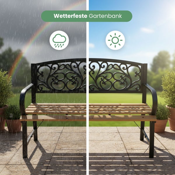 Wetterfeste Gartenbank aus Metall und Holz auf einer Terrasse, dargestellt bei Regen und Sonnenschein.