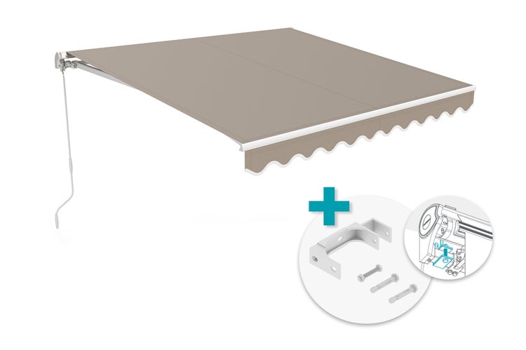 Beige Gelenkarmmarkise mit Handkurbel, Volant und Montageset inklusive Wandhaltern und Schrauben.