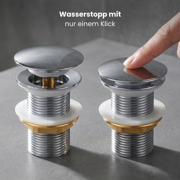 Pop-up Ablaufventil für Waschbecken aus Metall, Darstellung der offenen und geschlossenen Position per Fingerdruck.