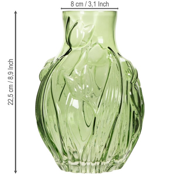 Grüne Glasvase mit Tulpenrelief, Höhe 22,5 Zentimeter und Öffnungsdurchmesser 8 Zentimeter.