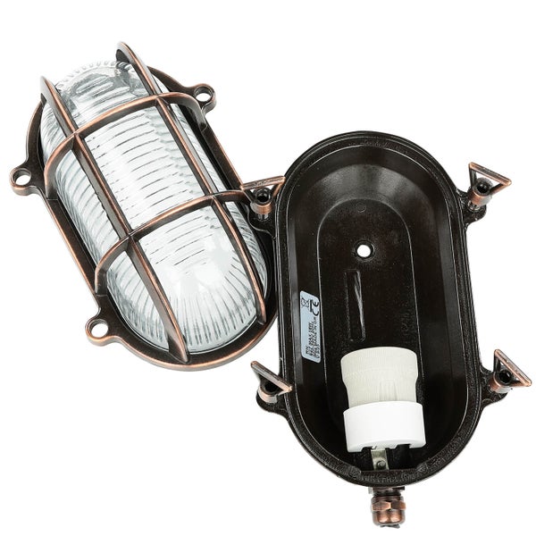 Ovale Wandleuchte mit Schutzgitter und geöffnetem Gehäuse